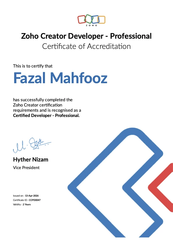 Fazal Mahfooz - Zoho Creator Developer (Professional) (Zoho certification)