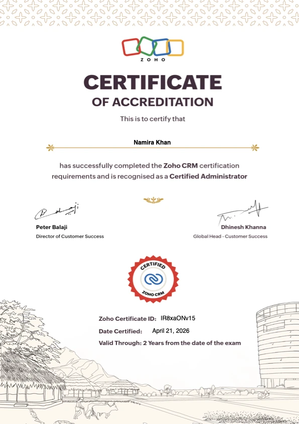 Namira Khan - Zoho CRM Certified Administrator (Zoho certification)